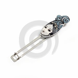 Graphic Novel Style Lady Portrait Hairpin With Blue Accents