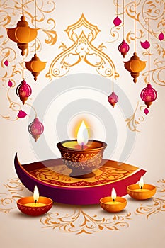 graphic with oil lamp for the indian festival of diwali with space for text