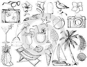 Graphic outline set with twenty six summer beach objects