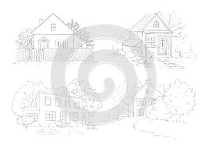 Graphic outline sketch set with landscape and country houses, lawn and trees