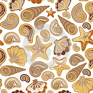 Graphic pattern with seashells, sea stars. Hand drawing. Seamless for fabric design, gift wrapping paper, printing.