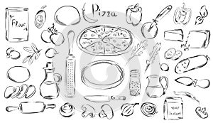 Graphic pizza hand drawn vector illustration. Ingredients for Italian restaurant or mediterranean food. pizza food elements clip