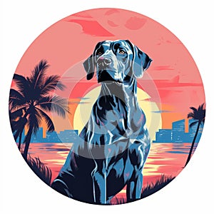 Graphic Pop-art Style Black Dog With Palm Trees And Sunset