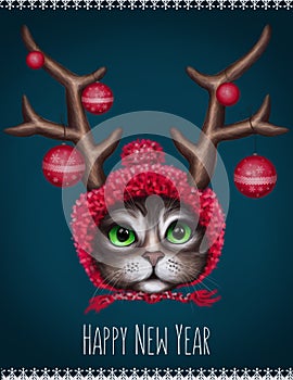 Graphic poster, hipster cat with deer horns hat and red knitted hat, new year card, christmas poster, and drawn illustration