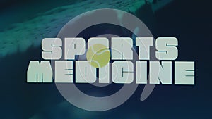 Graphic Presentation with Sports Medicine inscription on abstract background and tennis ball symbol. Sports concept