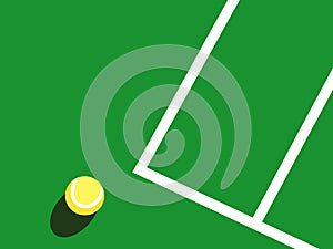 Graphic realistic vector illustration of one yellow tennis ball laying on green court with white baseline fragment in bright sunli