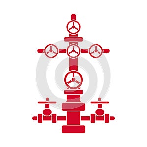 Graphic red flat vector wellhead icon isolated for petroleum industry; vector Christmas tree sign for oil and gas well