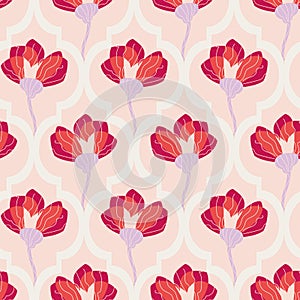 Graphic red flowers on pastel pink trellis ornament seamless vector pattern