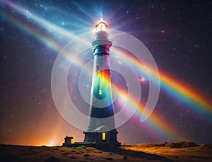 Graphic rendering of a lighthouse radiating colorful lights, associated with ideas of aspiration, delight, and heterogeneity photo