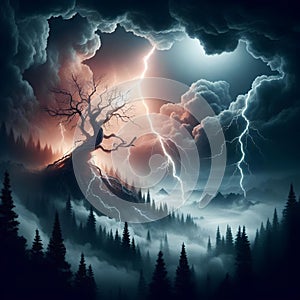 illustration of a tree being struck by lightning