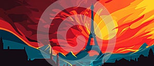 Graphic representation of the Eiffel Tower with a fiery backdrop, mixing reds and oranges to evoke a sense of drama photo