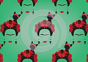 Graphic representation of Frida Kahlo`s background, minimalist portrait with earrings skulls, red flowers and black cat photo