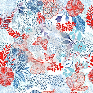 Graphic seamless background with red and blue flowers. hand drawing. Not AI, Illustrat3. Vector illustration photo