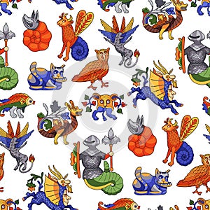 Graphic seamless pattern of bestiary creatures