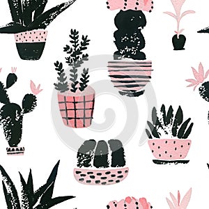 Graphic seamless pattern with cute cacti in ornated pots. Hand painted botanical illustration with watercolor and grunge textures