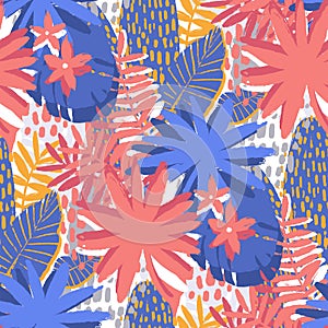 Graphic seamless pattern of exotic leaves in bright colors