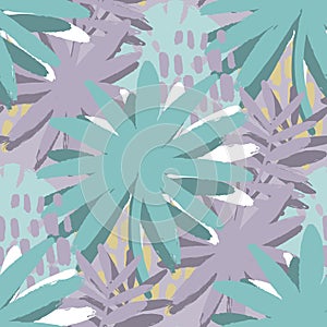 Graphic seamless pattern of exotic leaves in gentle colors