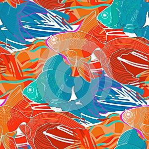 Graphic seamless pattern of goldfishes drawn in line art stile