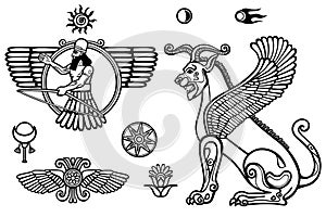 Graphic set: figures of the Assyrian mythology - winged god and a lion a sphinx.