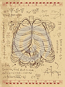 Graphic set with human anatomy chest and steampunk mechanism in ribs