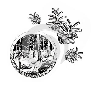 graphic set sketches forests and cones ornament