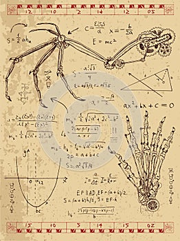 Graphic set with steampunk mechanism in fantasy wings and monster hand