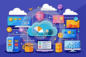 This graphic showcases various tools for cloud data management, visual analytics, and digital communication in a vibrant workspace