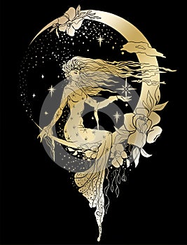 Graphic silhouette of a art deco woman. Moon and stars queen. Flat style illustration. Fashion luxury