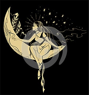 Graphic silhouette of a art deco woman. Moon and stars queen. Flat style illustration. Fashion luxury