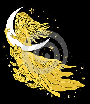 Graphic silhouette of a art deco woman. Moon and stars queen. Flat style illustration. Fashion luxury