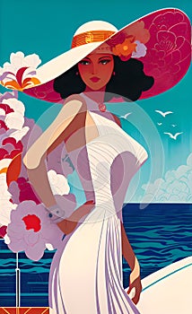Graphic silhouette of a Beautiful woman in big hat on a yacht on sea illustration art deco generative ai