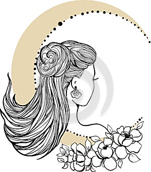 Graphic silhouette of beautiful woman. Moon and flowers queen. Flat style illustration. Fashion luxury