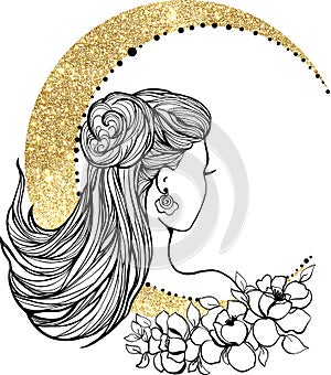 Graphic silhouette of beautiful woman. Moon and flowers queen. Flat style illustration. Fashion luxury