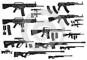 Graphic silhouette modern automatic assault rifles