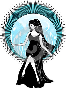 Graphic silhouette of Moon and stars queen. Art deco style woman. . Flat illustration. Fashion luxury