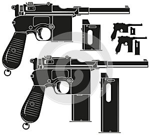 Graphic silhouette old pistol with ammo clip