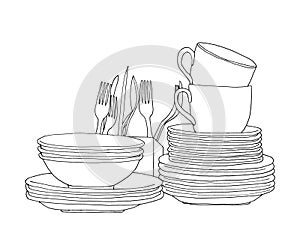 Graphic sketch clean dishes. Piles of plates