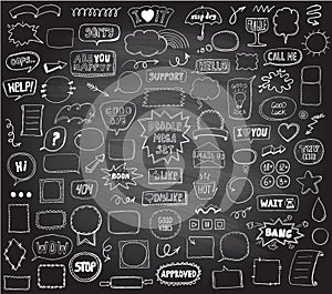 Graphic sketch elements set on a chalkboard - doodle graphic line signs and symbols, speech bubbles, frames, phrases