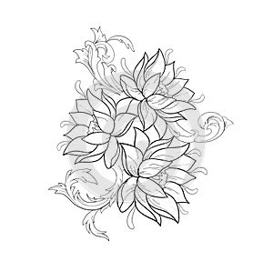 Graphic sketch of lotuses in ornament on a white background.