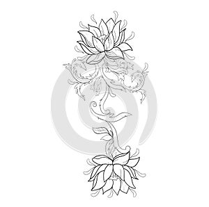 Graphic sketch of lotuses in ornament on a white background.