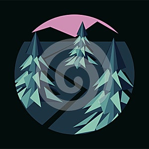 Graphic stylish illustration in a circle. Evening landscape with Christmas trees, road and mountains