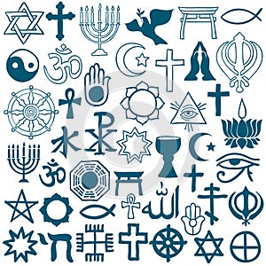 Graphic symbols of different religions on white photo