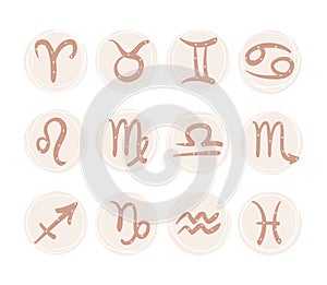Graphic symbols of the zodiac signs with a design of stars and a thin outline, a set of astrology illustrations, fortune