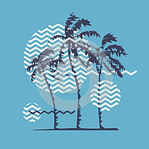 Graphic t-shirt geometric design with stylized palm trees on the topic of summer, holidays, beach, seacoast, tropics.