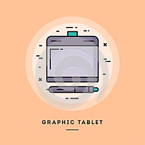 Graphic tablet, flat design thin line banner. Vector illustration.