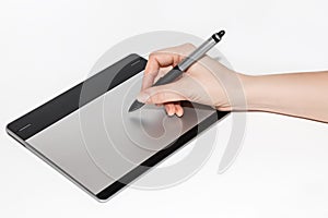 Graphic tablet, hand and feather