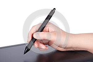 Graphic tablet, hand and feather