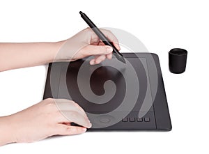 Graphic tablet, hand and feather