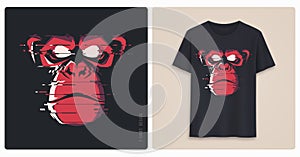 Graphic tee shirt design, print with glitch styled angry chimp.