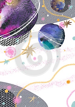 Graphic template with watercolor, golden and graphic elements. Space, stars and planets